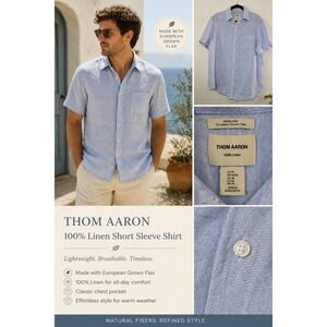 Thom Aaron 100% Linen Short Sleeve Button Down Shirt Blue‎ Medium Coastal Summer